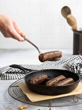 Easy Vegan Spicy Sausages in a Cast Iron Pan