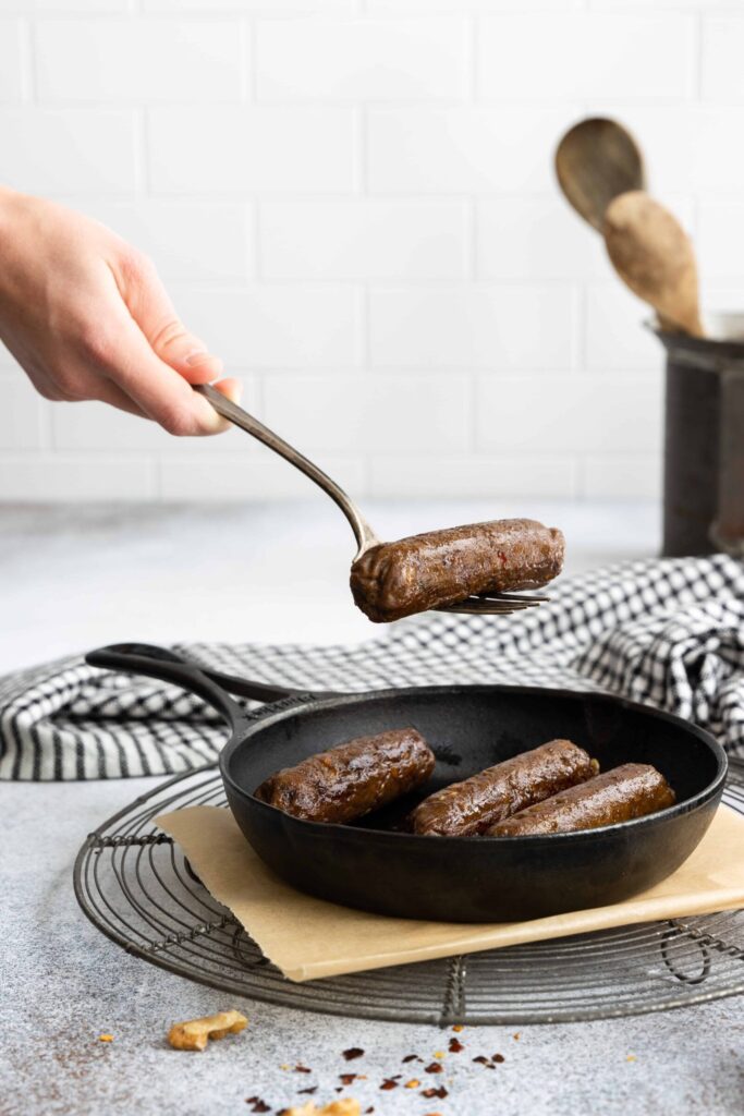 Easy Vegan Spicy Sausages in a Cast Iron Pan