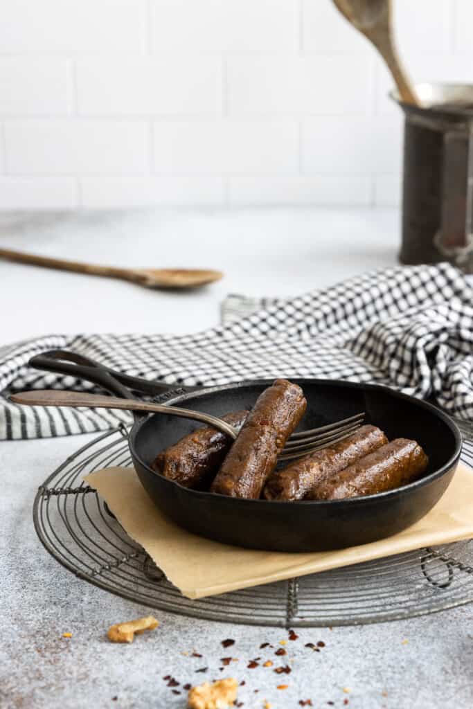 Easy Vegan Spicy Sausages in a Cast Iron Pan