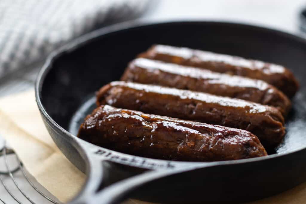 Easy Vegan Spicy Sausages in a Cast Iron Pan