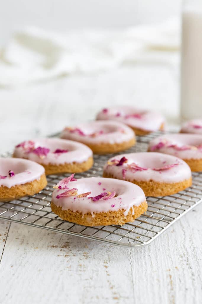 Valentine's Donuts with Pink Icing and Rose Petals