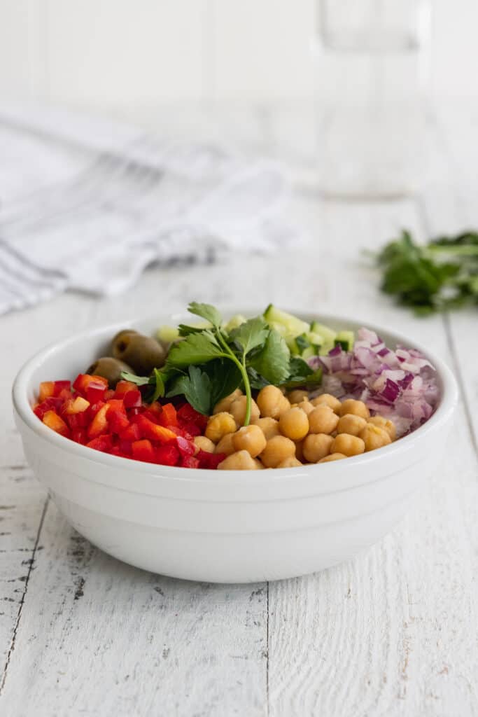 Easy Mediterranean Chickpea Salad Served in a Bowl