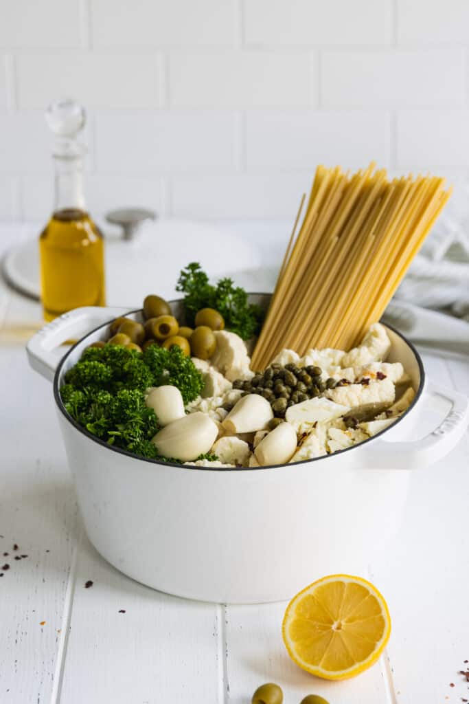 One-Pot Pasta with Cauliflower in a Pot Before Cooking