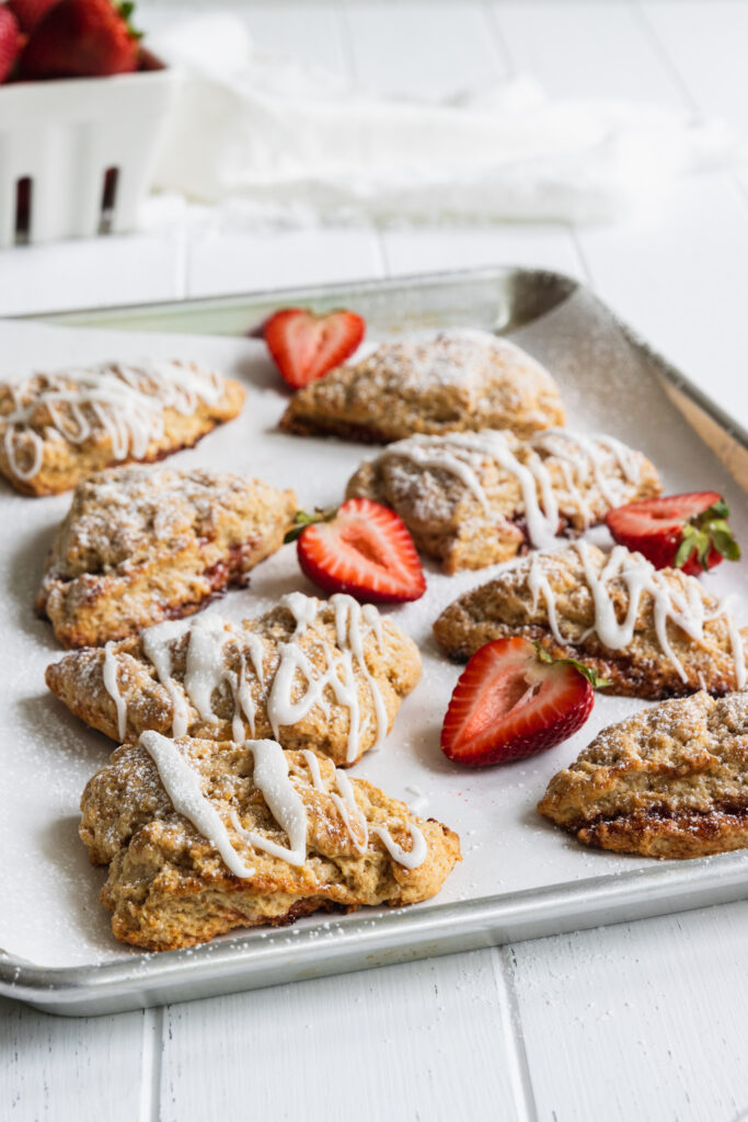 Strawberry Jam Scones on a baking sheet tray