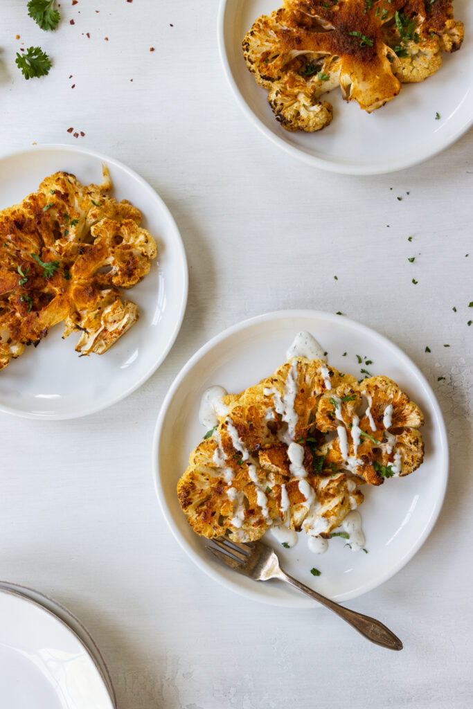 Super Easy Cauliflower Steaks with Vegan Dressing