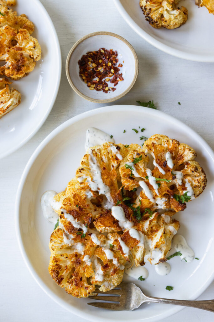 Super Easy Cauliflower Steak with Vegan Ranch Dressing