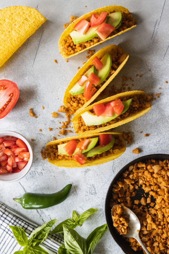 Meatless Meat Crumbles served in Taco Shells