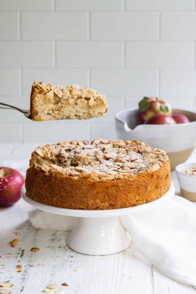 Apple Almond Cake on a cake stand