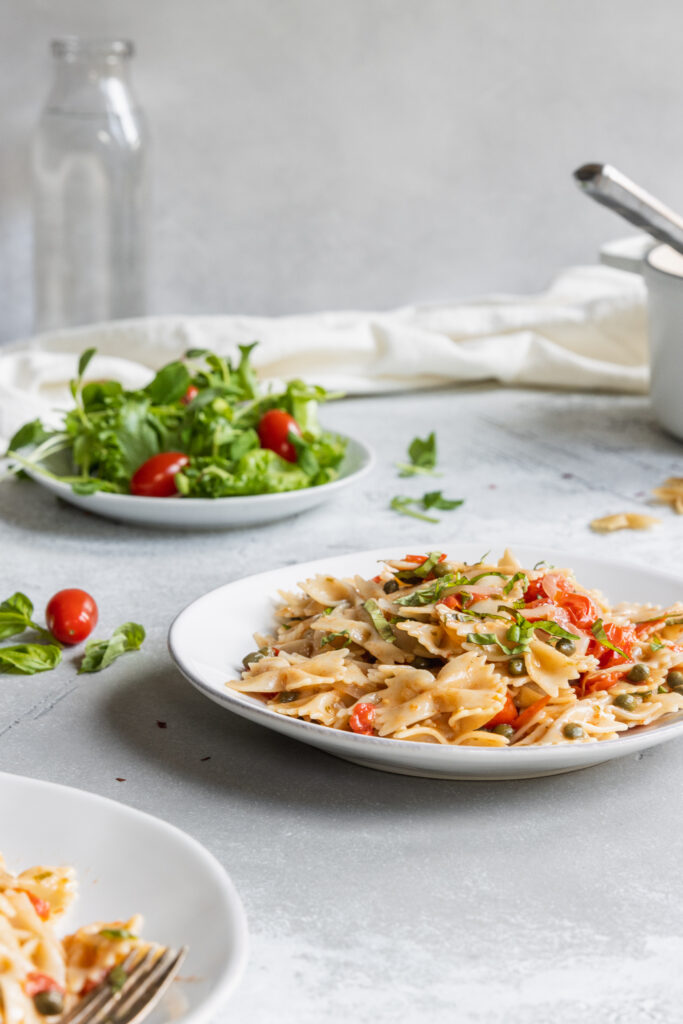 One-Pot Pasta served on a white plate