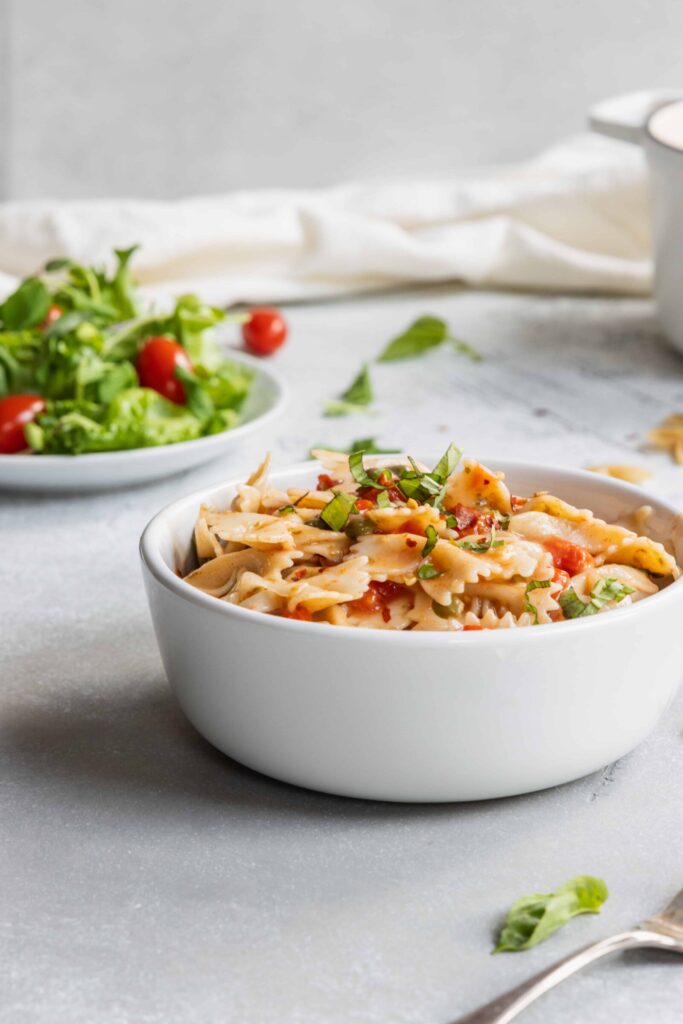 Gluten-Free One-Pot Pasta in a white bowl