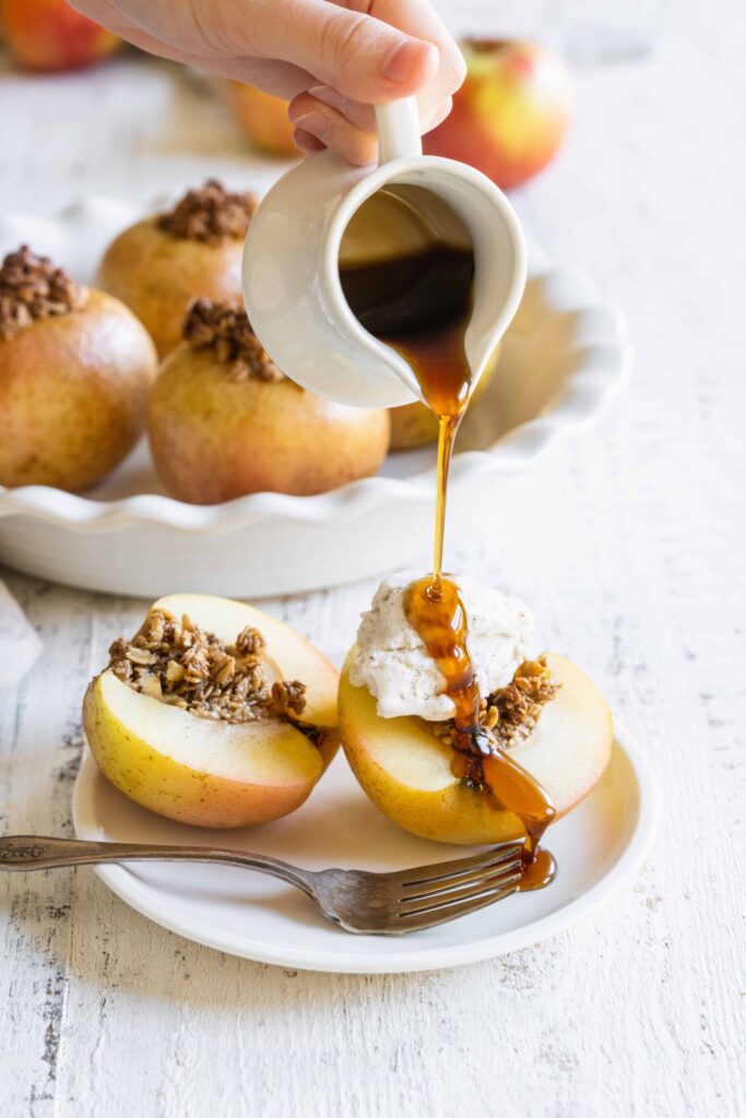 Baked Apples with Vegan Ice cream and maple syrup