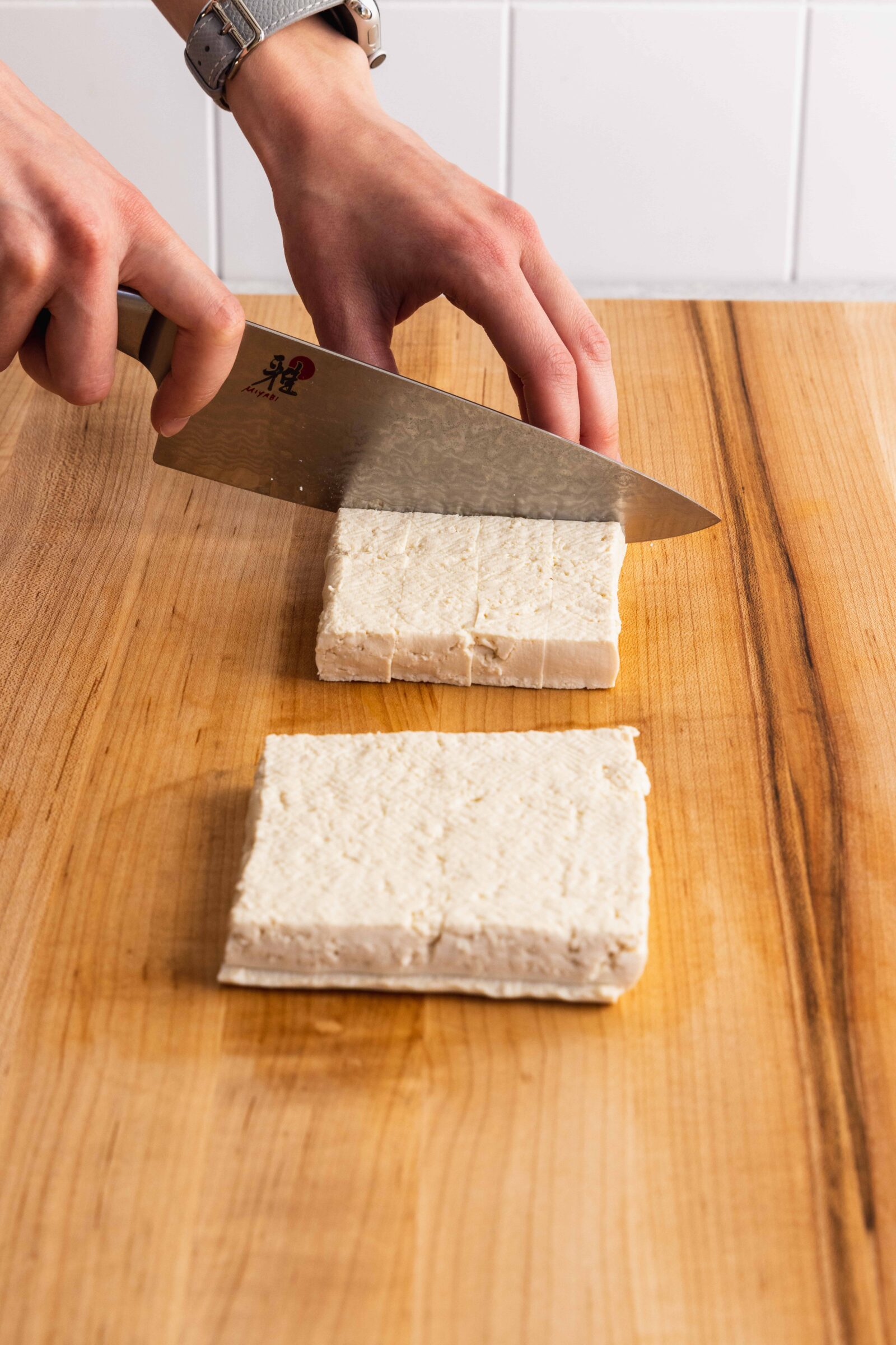 Slicing Tofu into cubes