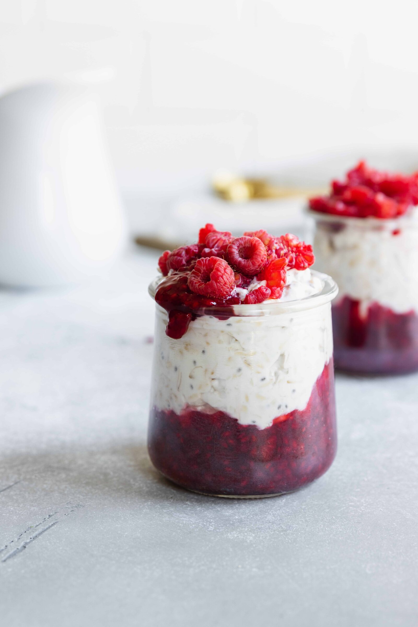 Easy Healthy Overnight Oats with fresh raspberries and jam