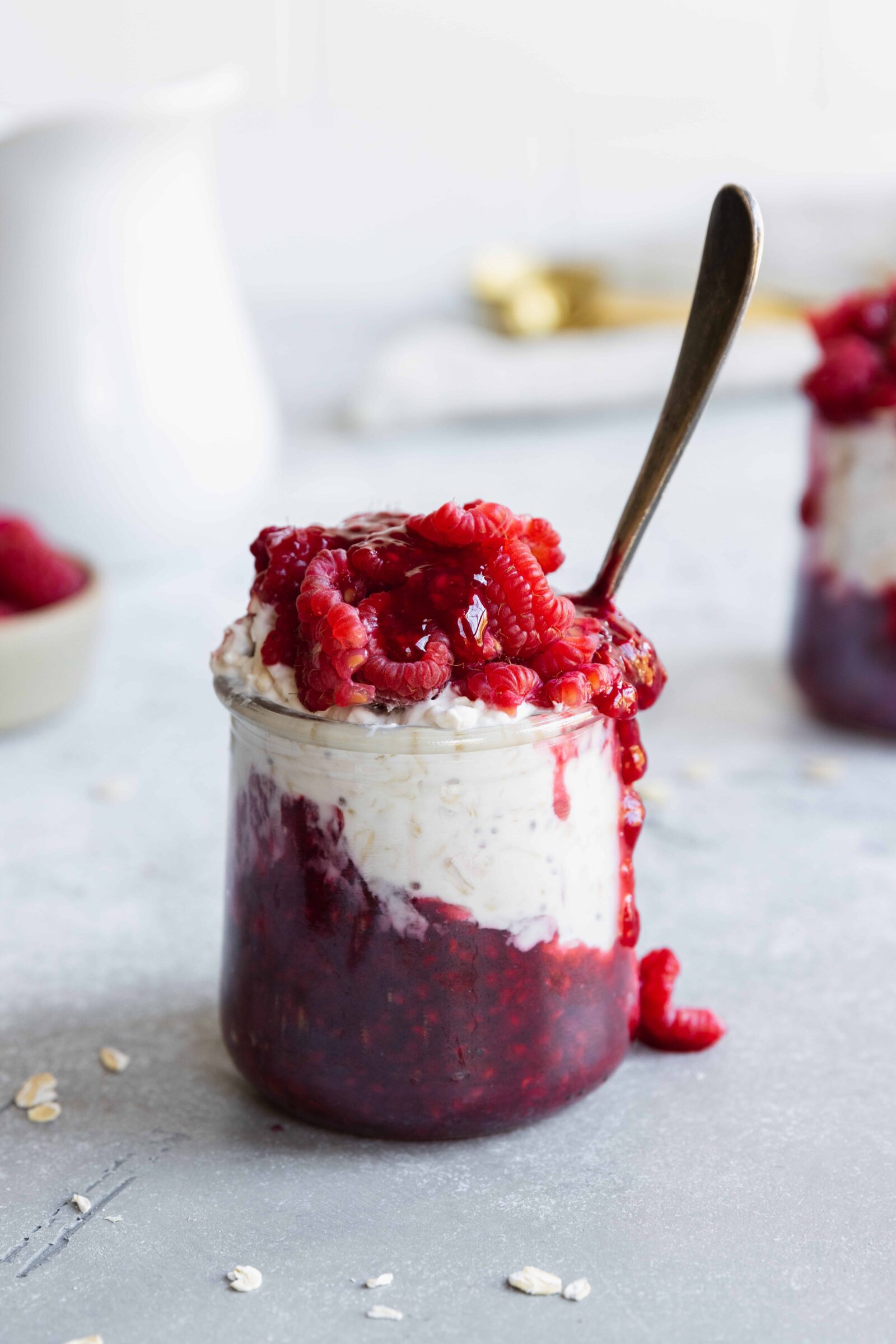 Easy Healthy Overnight Oats in a glass jar with a spoon