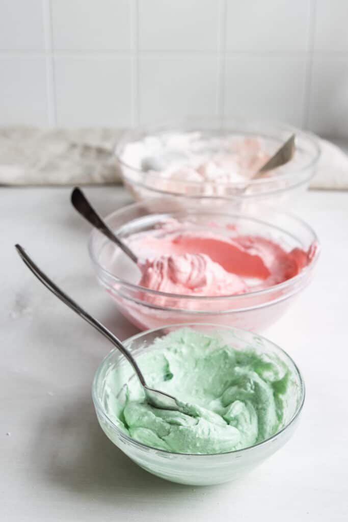 Pink and Green Frosting ready for cupcakes