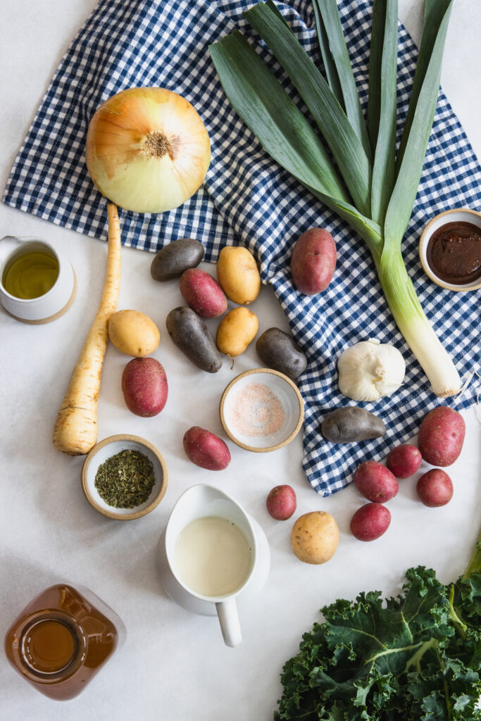 Vegan potato kale soup ingredients