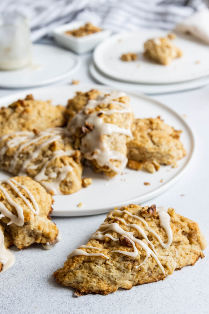 Maple walnut scones served on a white platter 