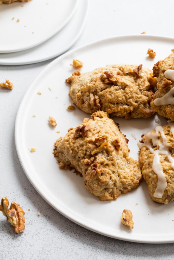 Maple scones with walnuts served on a white platter