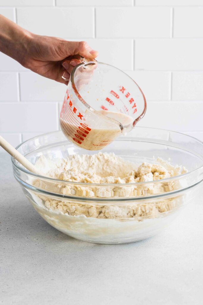 Adding wet mixture to the bowl