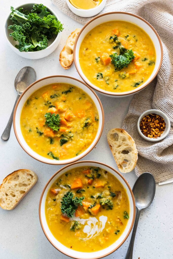 Red lentil soup potato soup served in three bowls