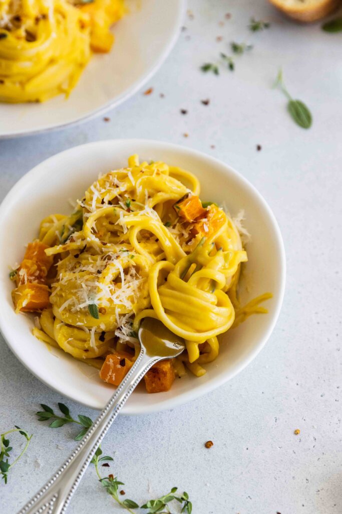Roasted butternut squash Pasta served with vegan parmesan