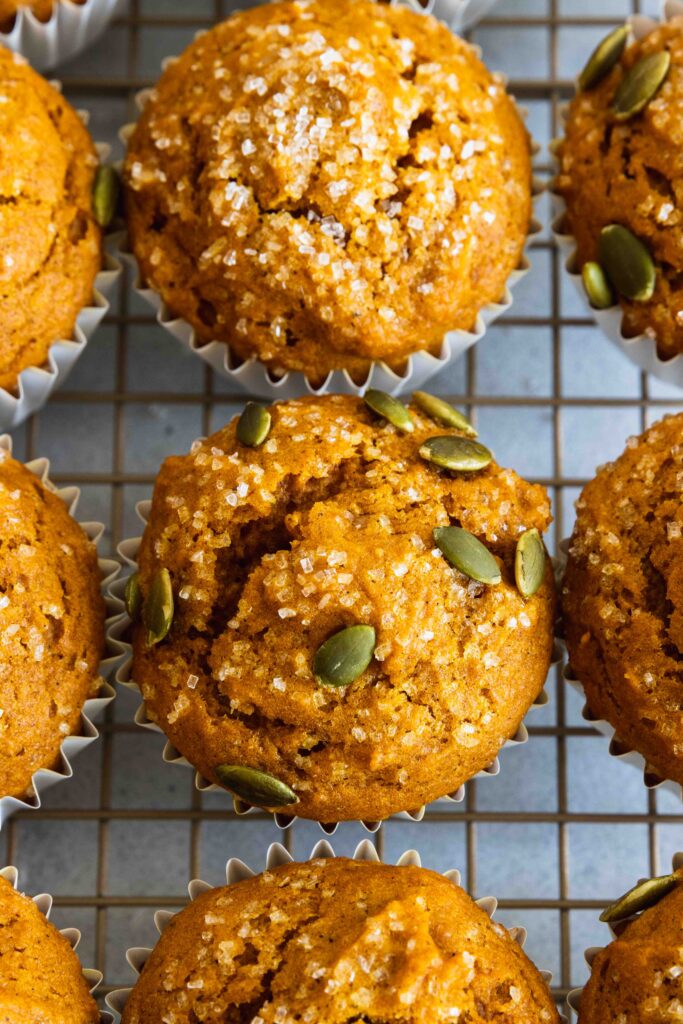 Vegan Pumpkin muffins with pumpkin seeds on top