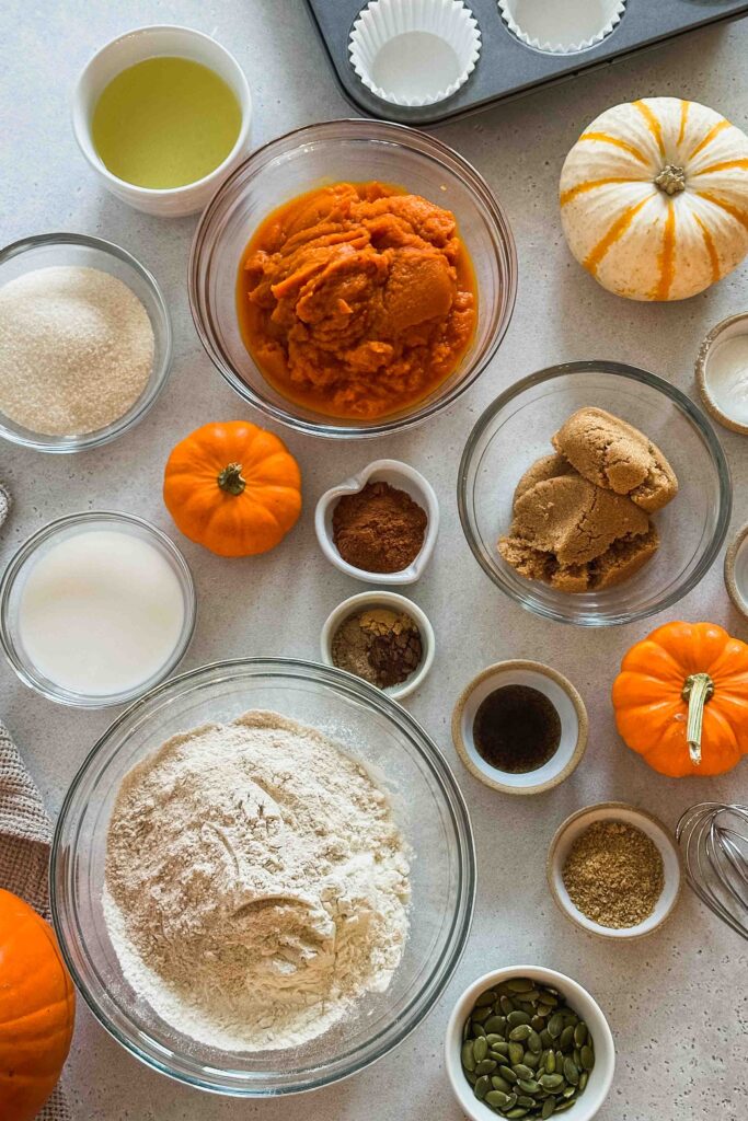 Vegan Pumpkin Muffins ingredients in small bowls