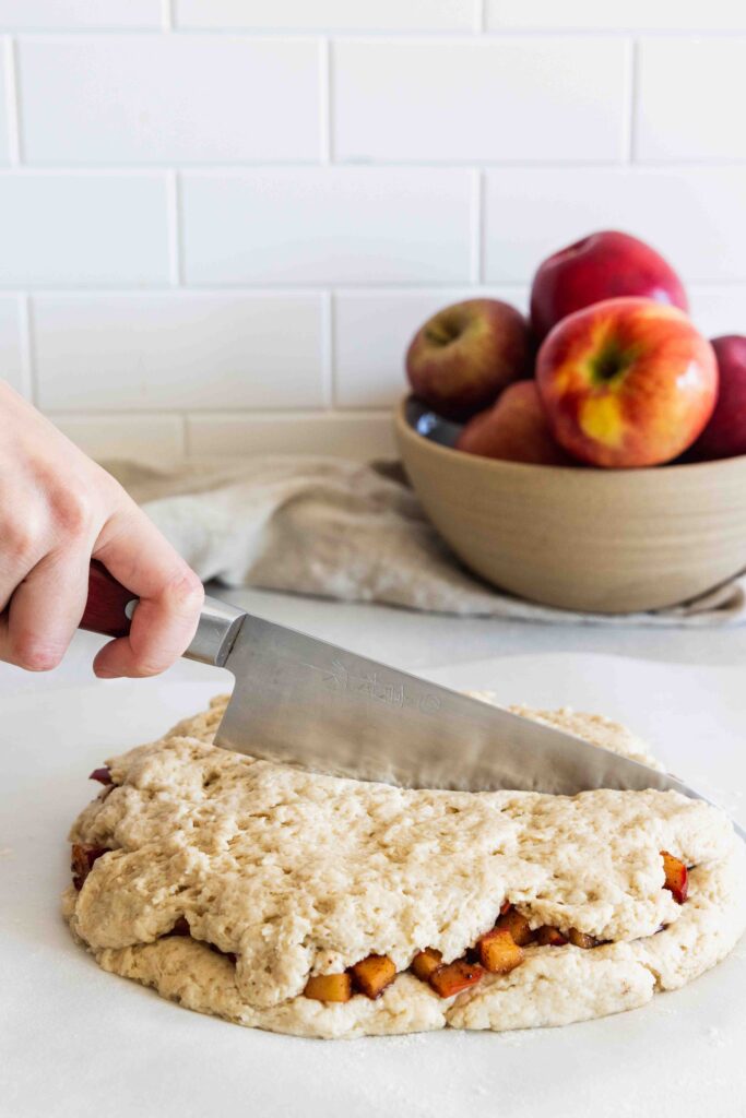 Slicing the scone dough in half