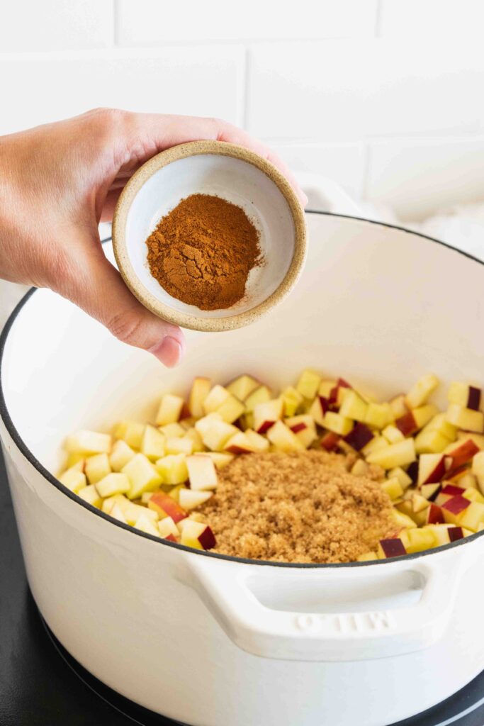 Adding cinnamon to the pot of apples