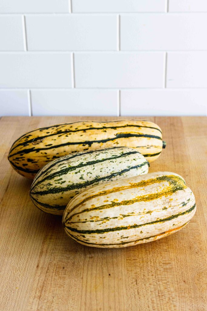 Three Delicata Squash before slicing and roasting