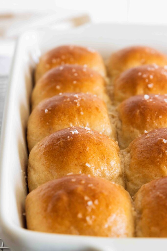Vegan dinner rolls in a baking pan fresh from the oven