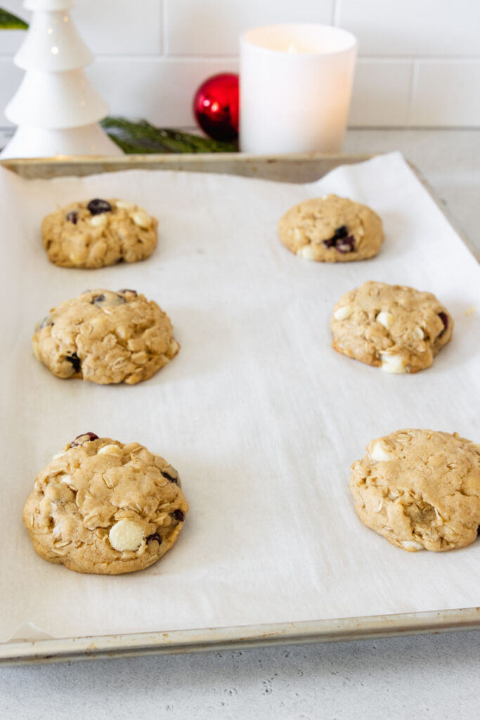 Cranberry white chocolate chip cookies fresh from the oven