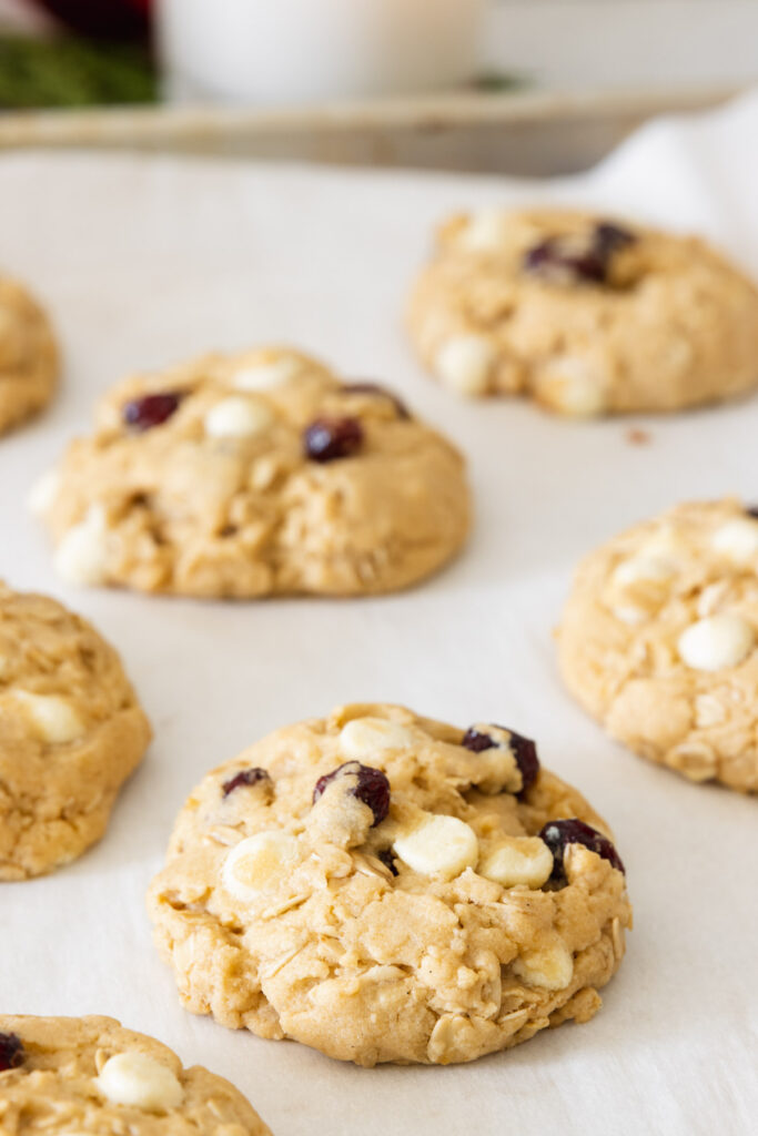 Cranberry white chocolate cookies hot from the oven