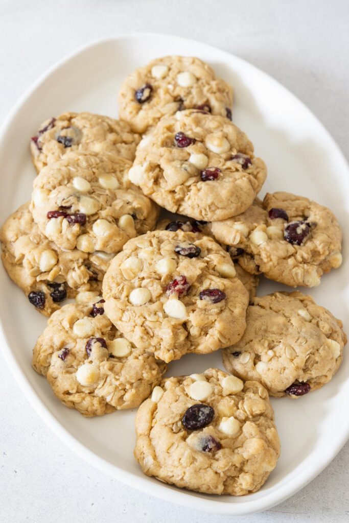 White chocolate cranberry cookies served on a white platter