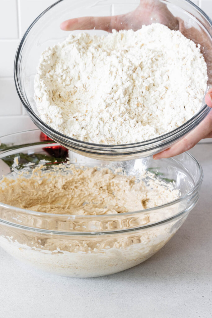 Adding the dry ingredients to the wet ingredients