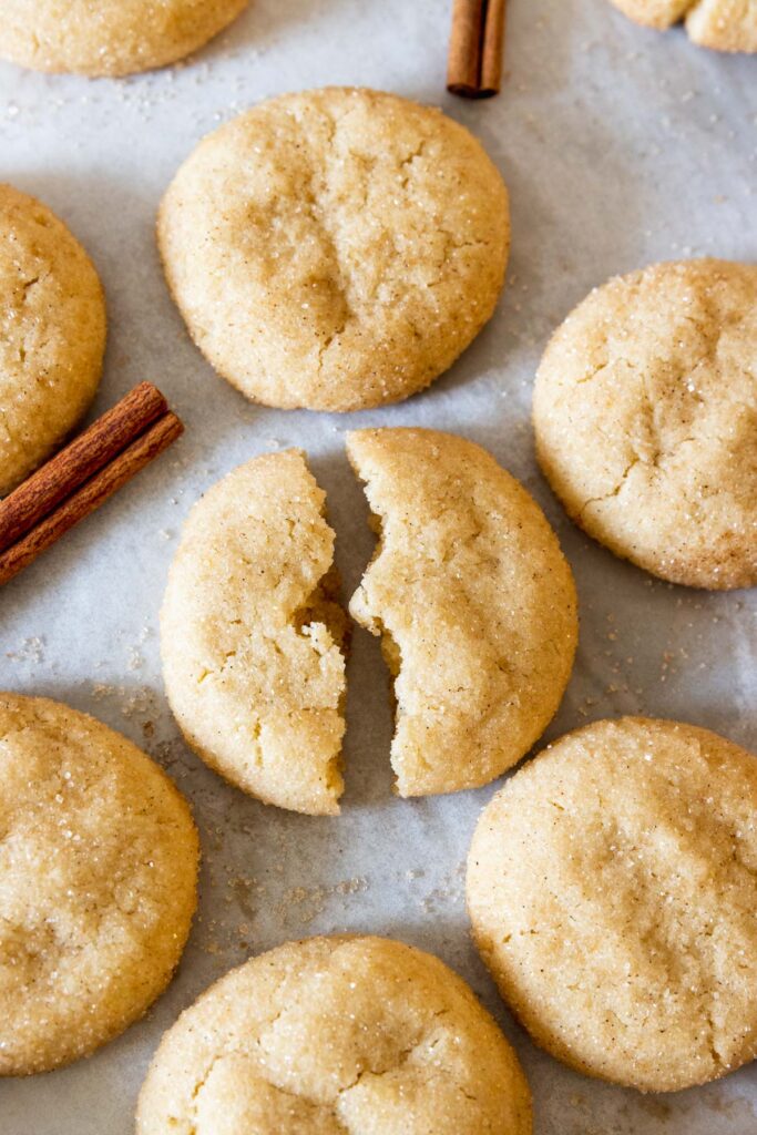 Close up of soft and chewy vegan snickerdoodle cookie center