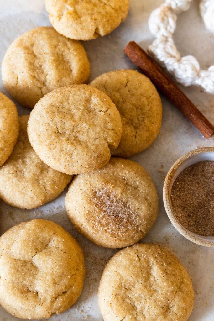 Close up of soft and chewy vegan snickerdoodle cookies